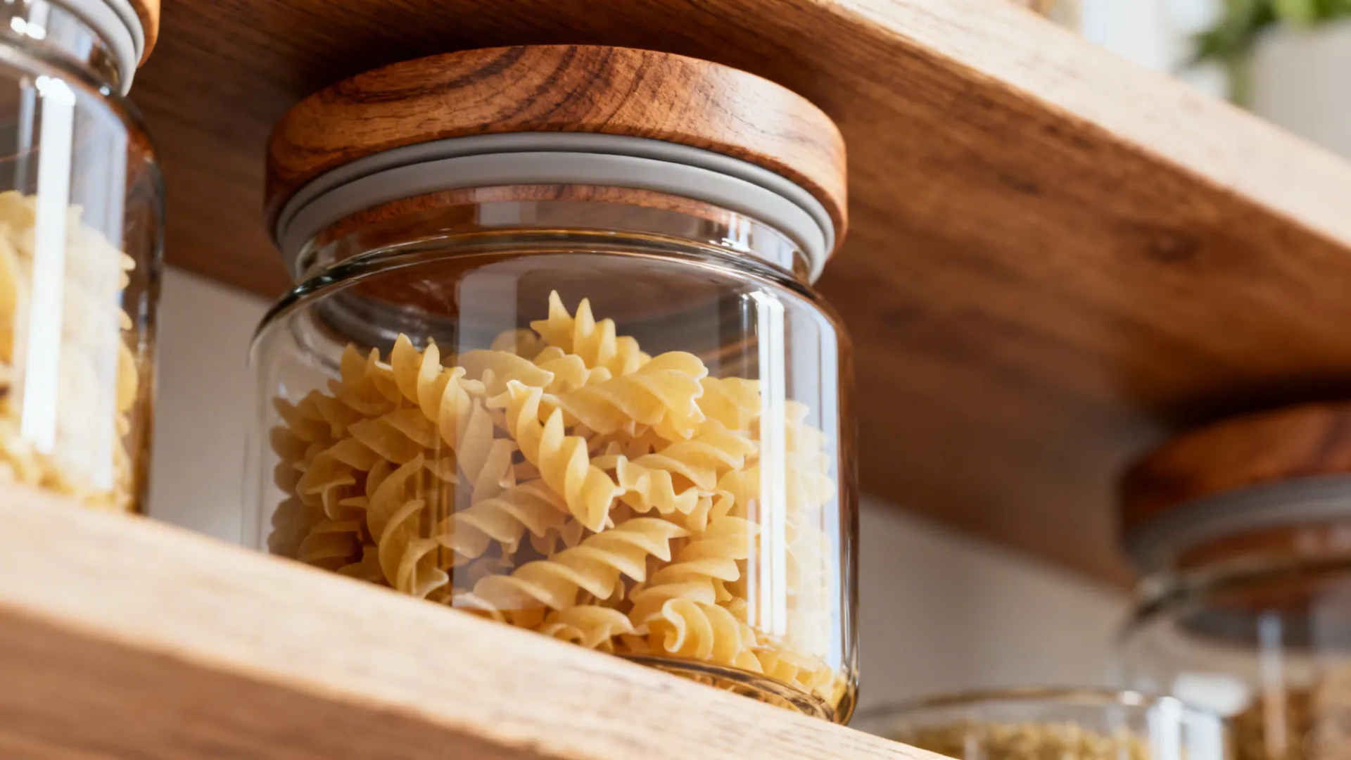 Glass jar with fusilli pasta and wooden lid placed on a light oak wooden shelf