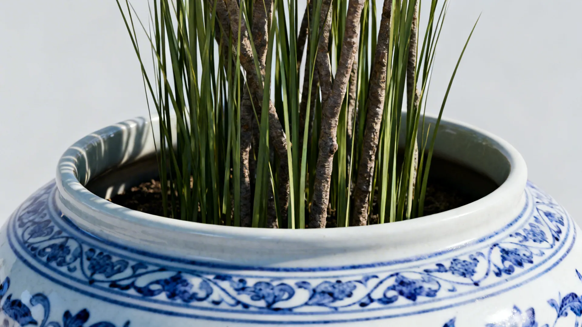 Blue-and-white ginger jar used as a planter for tall grasses, showing a glazed interior and natural textures.