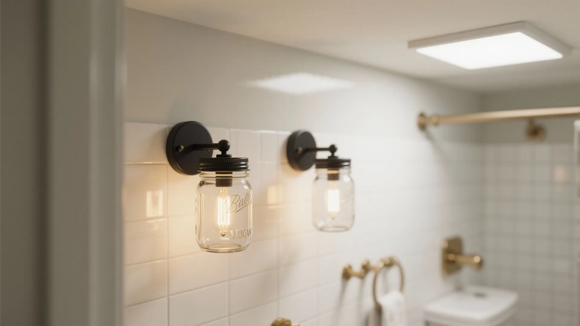 Two glass jar wall lights mounted on white tiles in a modern bathroom with gold fixtures