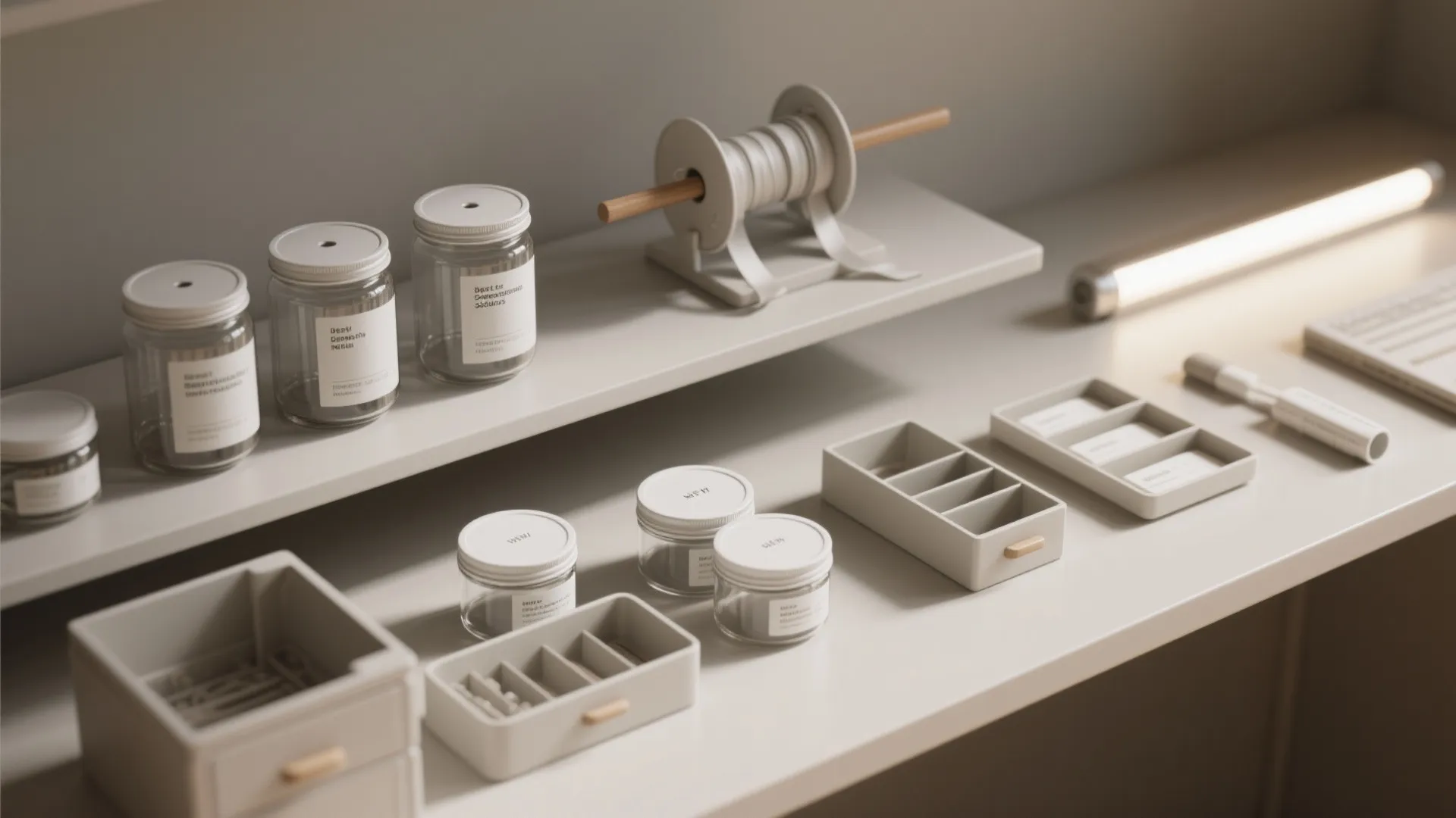 Minimalist white storage shelves holding glass jars small organizer boxes and a ribbon spool holder