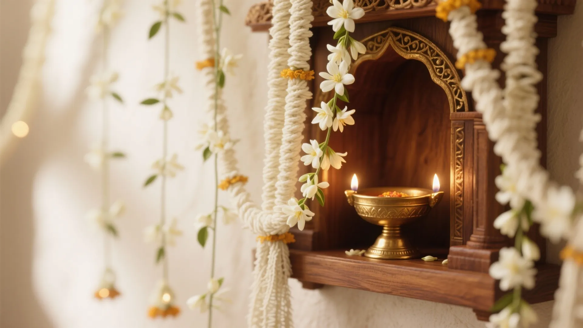Traditional wooden altar with brass oil lamp and hanging white flower garlands for home decoration