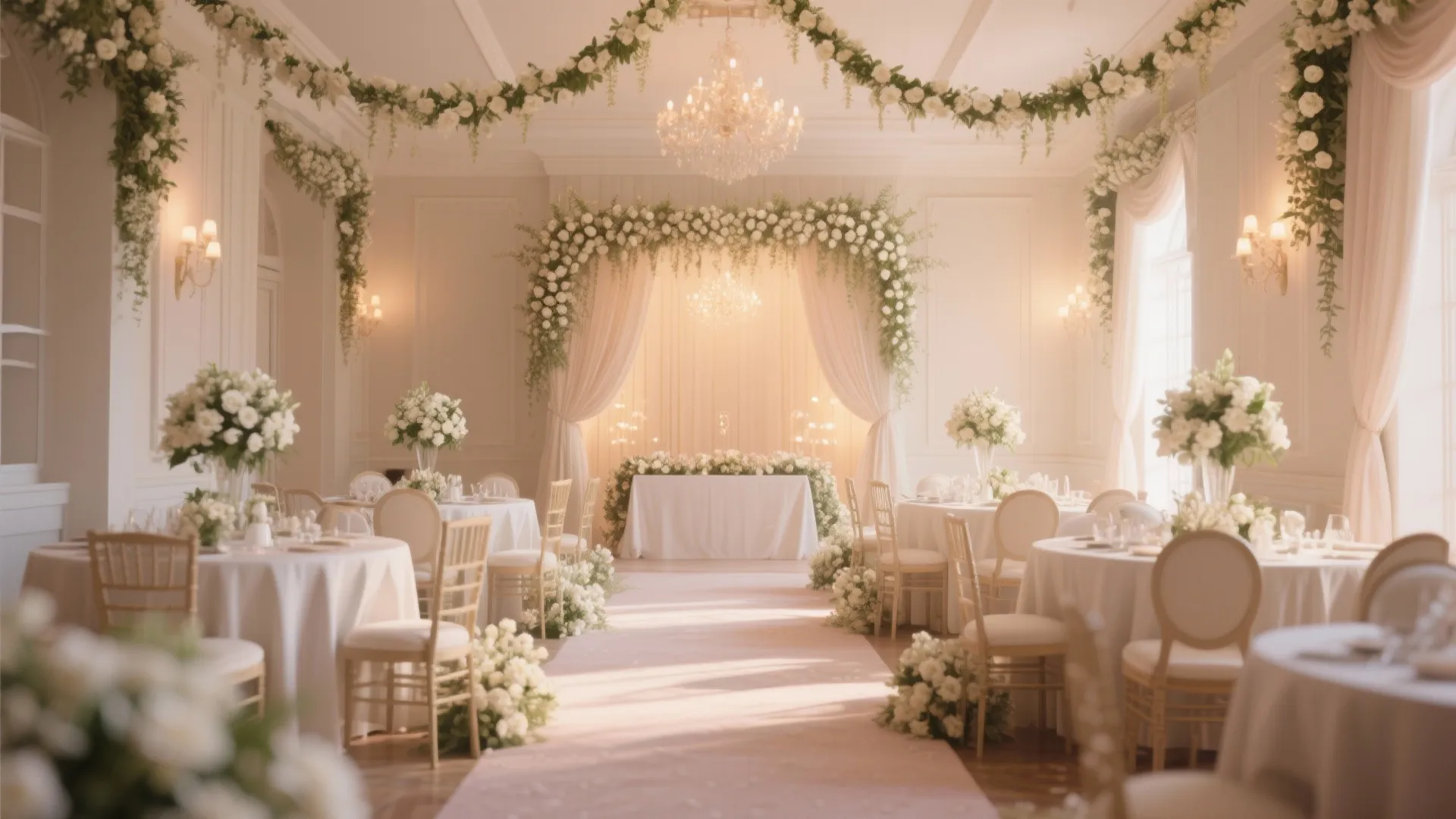 Intimate wedding hall with jasmine garlands