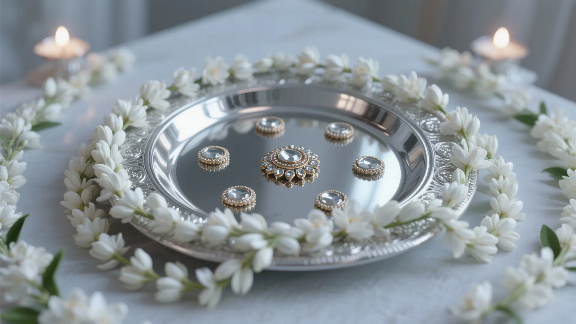 Silver thali with layered jasmine strings and subtle kundan accents arranged neatly.