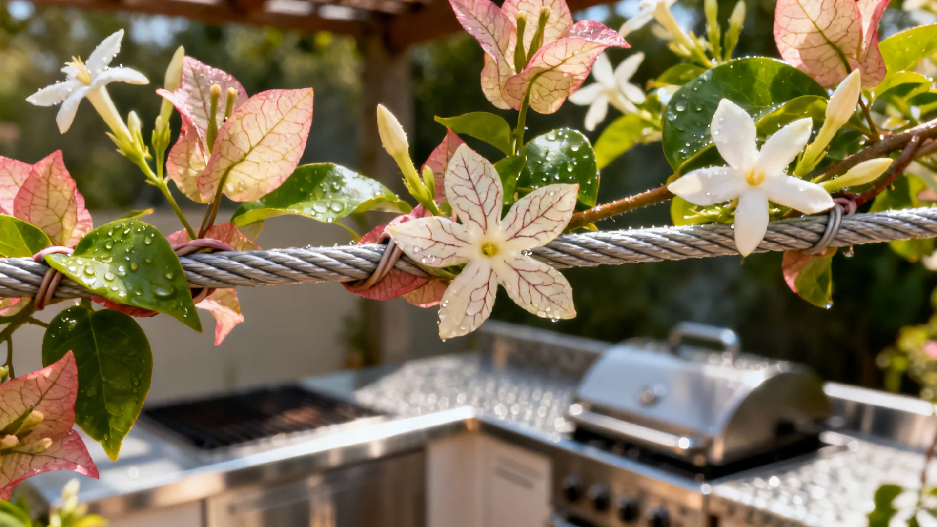 Macro of jasmine blooms and bougainvillea on powder-coated cables above an outdoor kitchen.