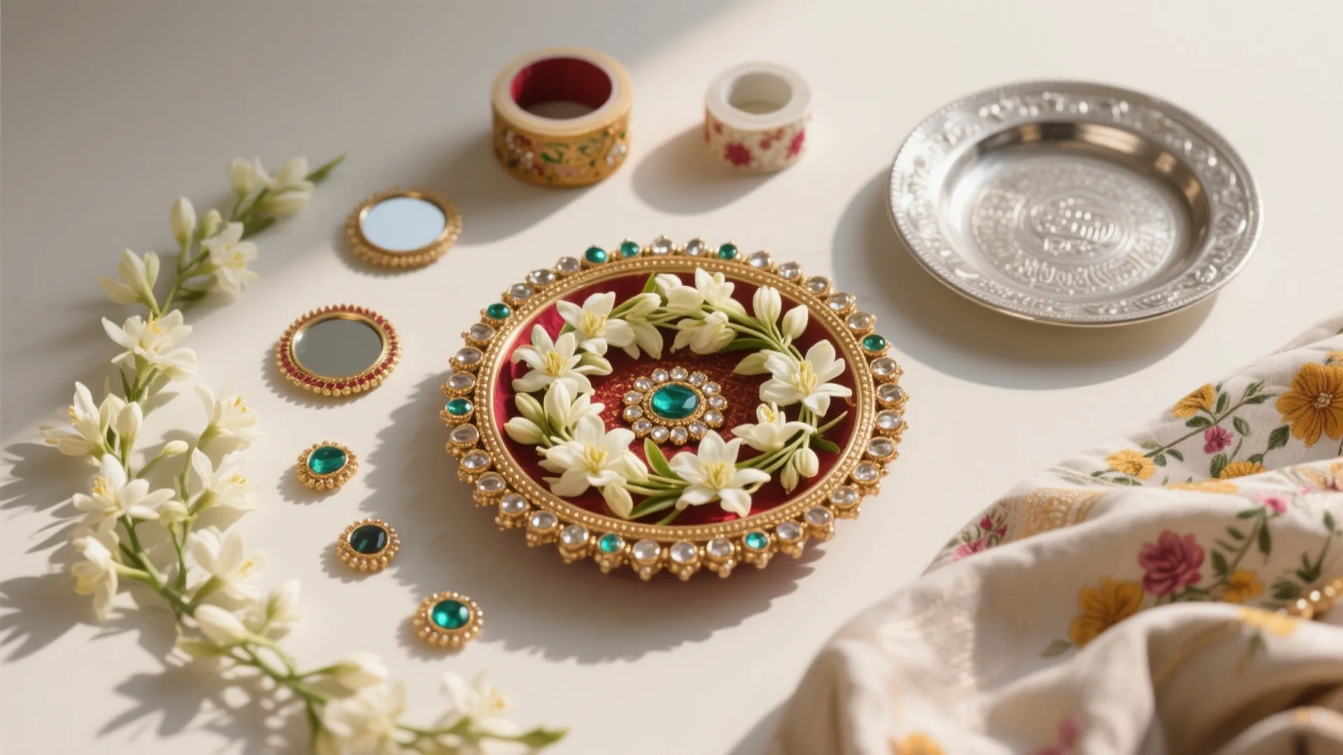 Top-down flat-lay of jasmine strands, kundan stones, mirrors, tape, and a silver thali.