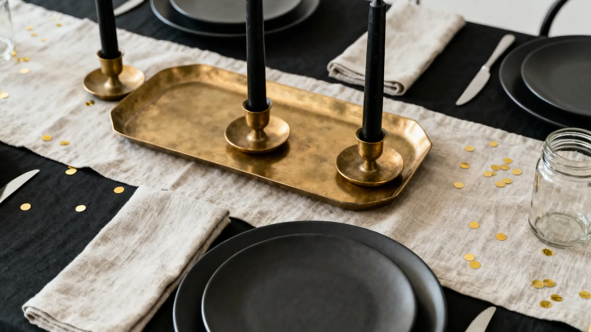 Flat-lay of black candles, brass accents, linen napkins, and jars for a chic tablescape.
