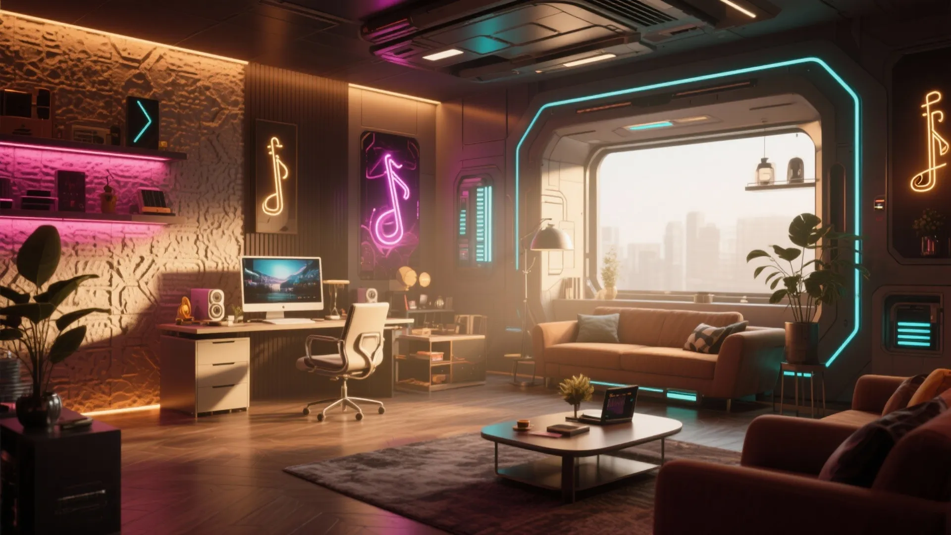 Creative home office with neon wall lights brown sofa desk computer and large city view