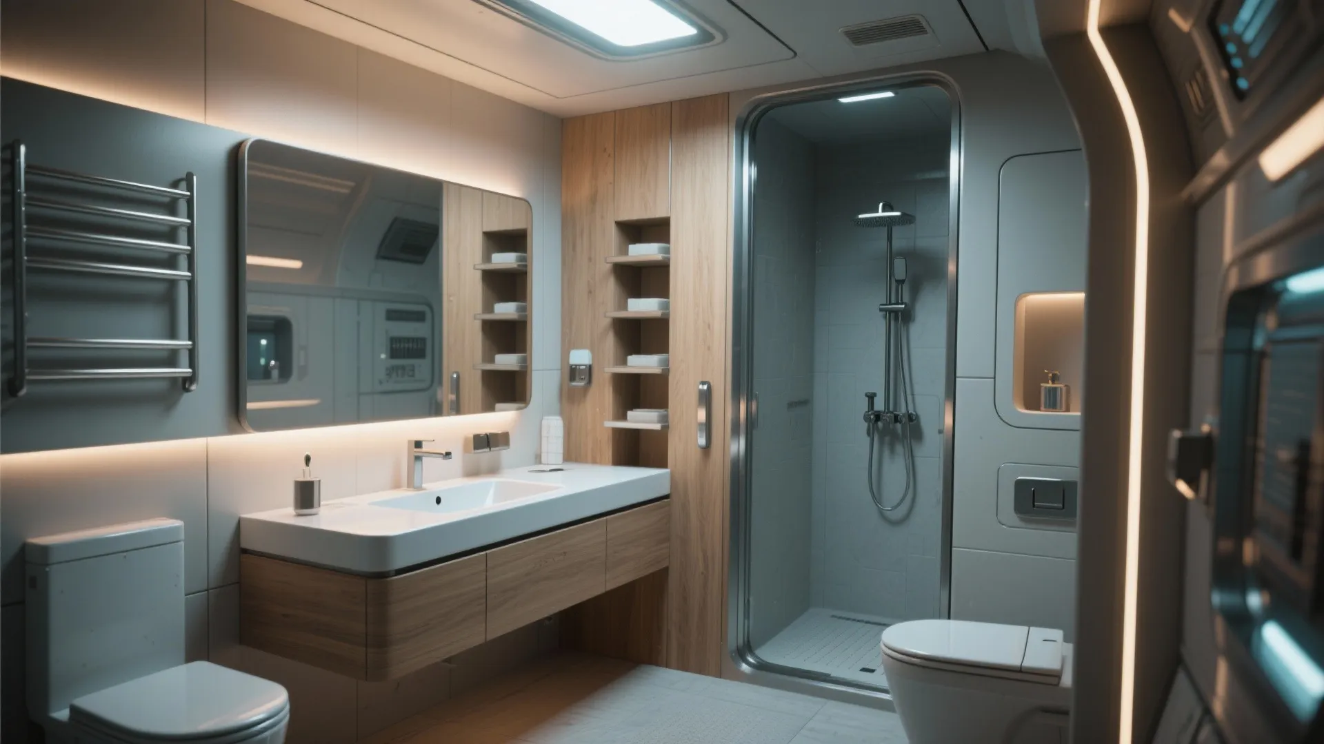 Space-age small bathroom with floating vanity, recessed niches and vertical shelving for seamless storage.