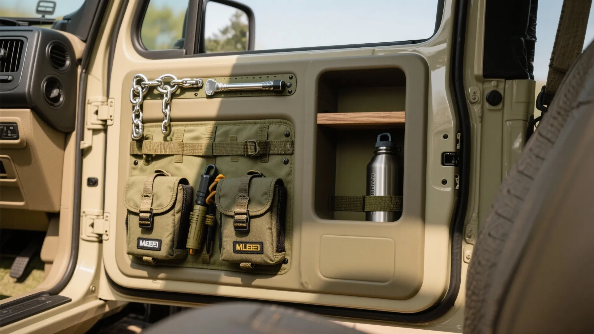 Vehicle door interior storage panel with green bags metal tools and built in water bottle