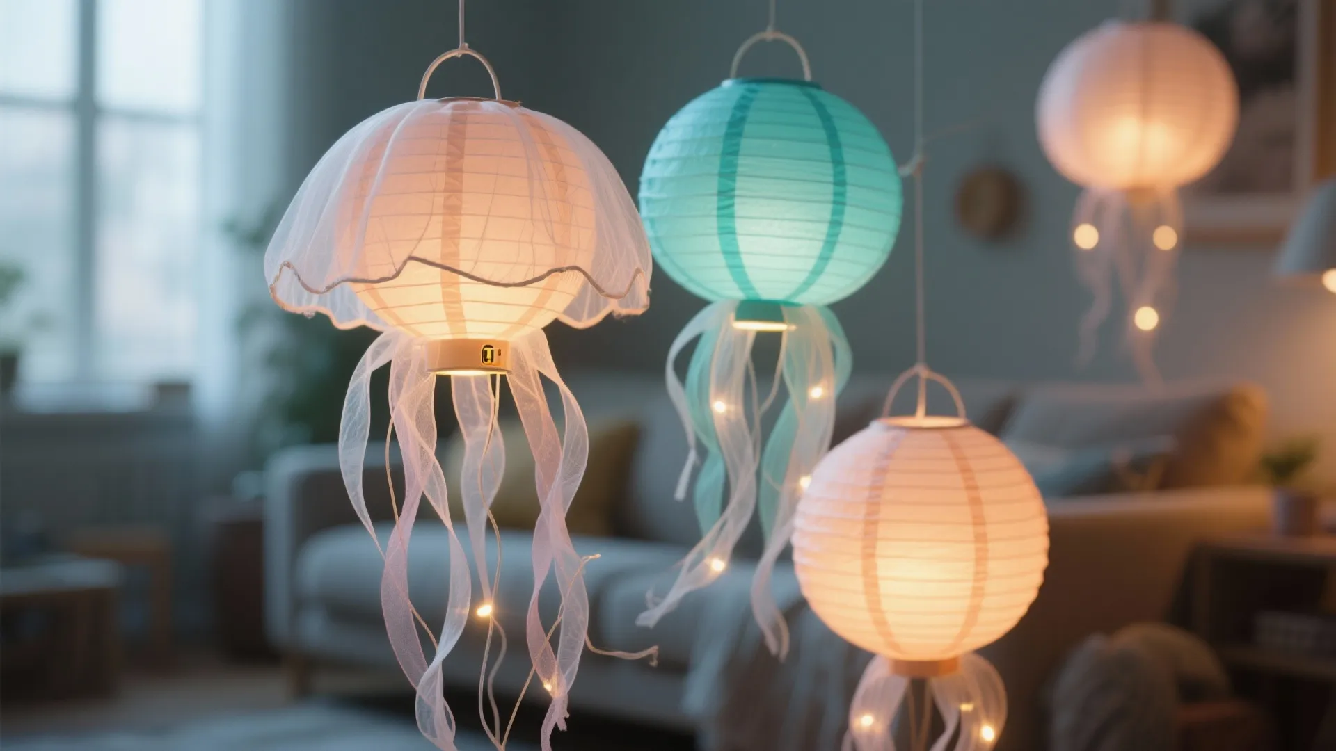 Hanging jellyfish shaped paper ceiling light fixtures in a cozy living room with soft lighting