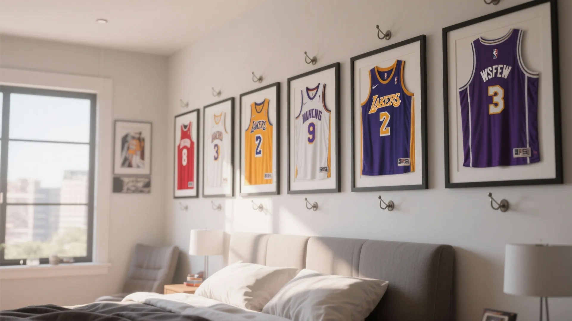 Framed basketball jerseys hanging on a white bedroom wall above a comfortable modern grey bed