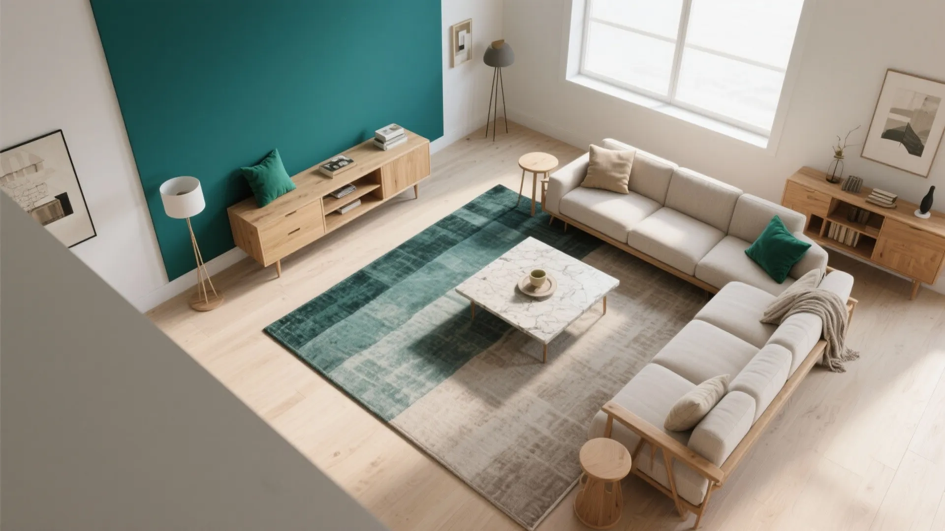 Top view of modern living room with teal accent wall beige sofa and marble table