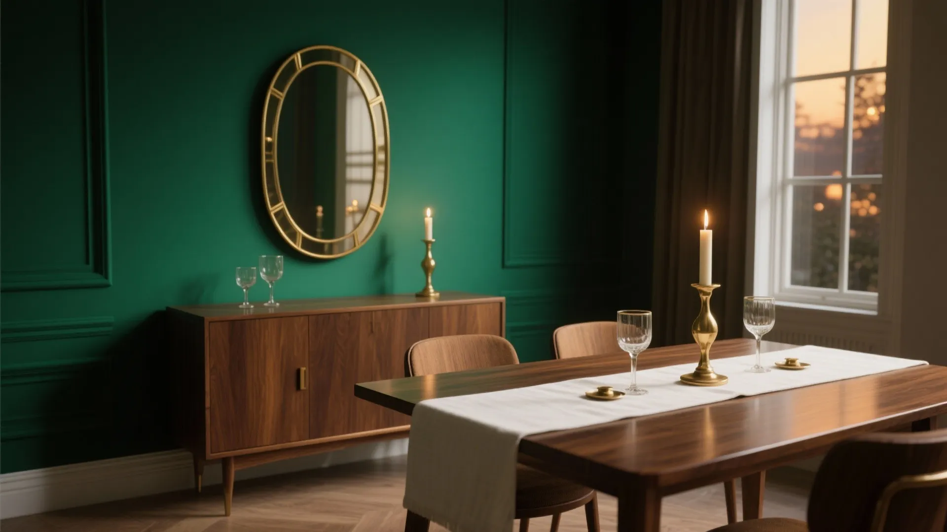 Elegant dining room with green wall panels wood cabinet gold mirror and candles on the table