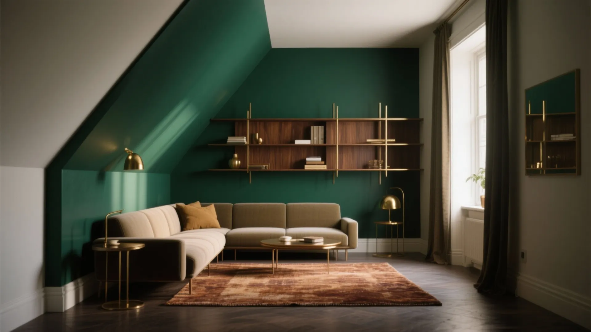 Small living room with a deep emerald accent alcove, brass details and warm wood shelving
