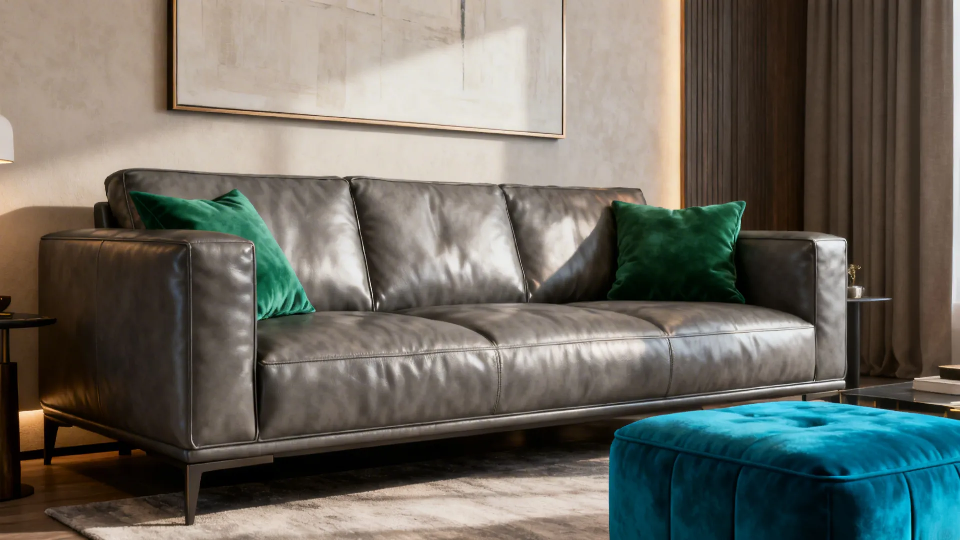 Modern grey leather sofa with green pillows, blue footrest, wall painting, and bright natural sunlight