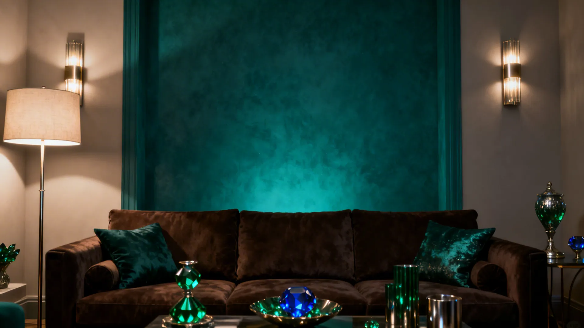Brown sofa with green pillows near teal wall with floor lamp and two wall lights