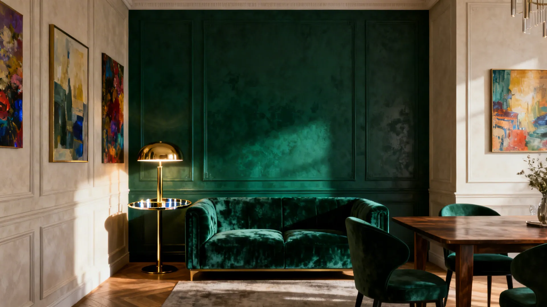 Elegant living room featuring green velvet sofa gold floor lamp dark green wall panel paintings