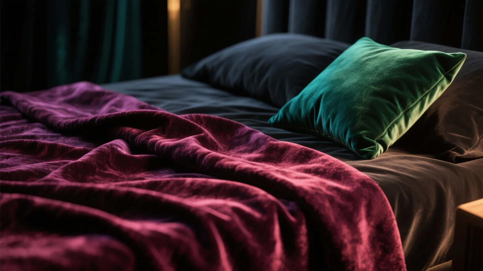 2. Use jewel-tone accents to pop the darkness