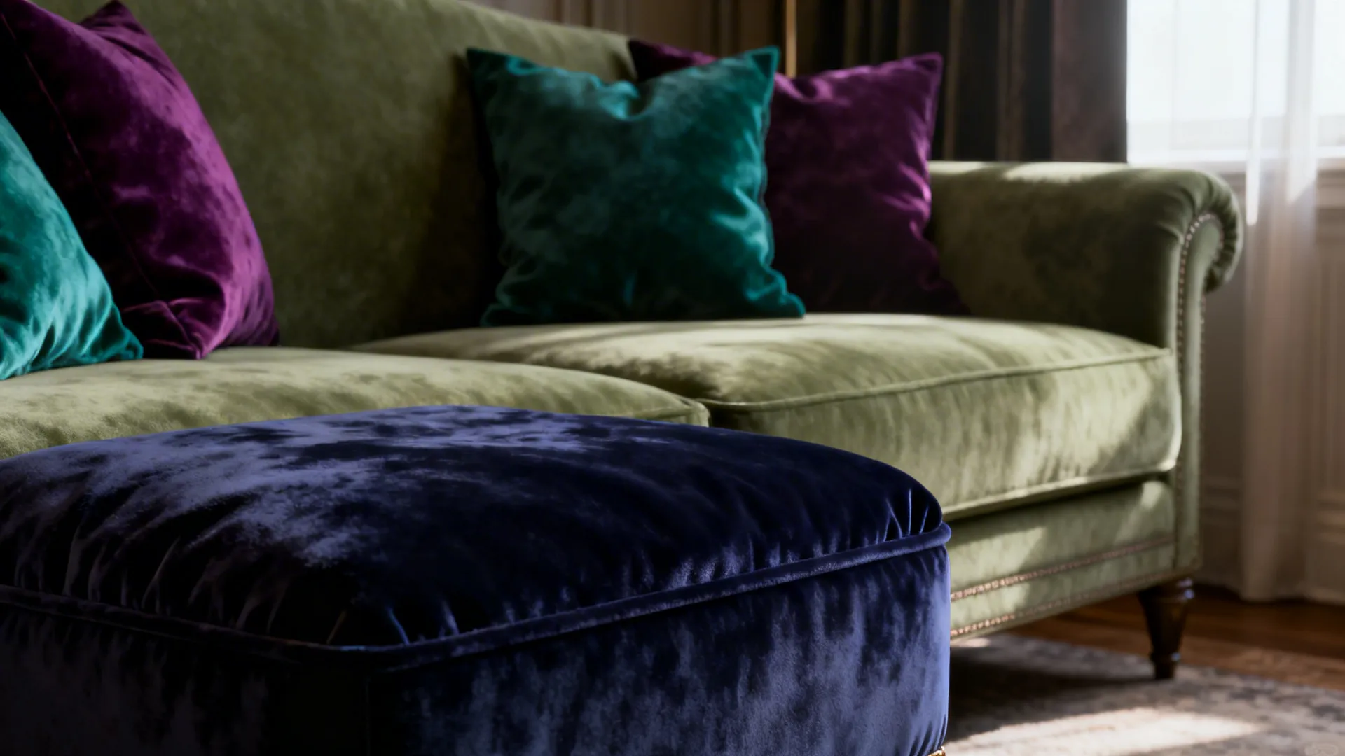 Close-up of sage sofa with navy velvet ottoman and jewel-toned pillows for contrast.