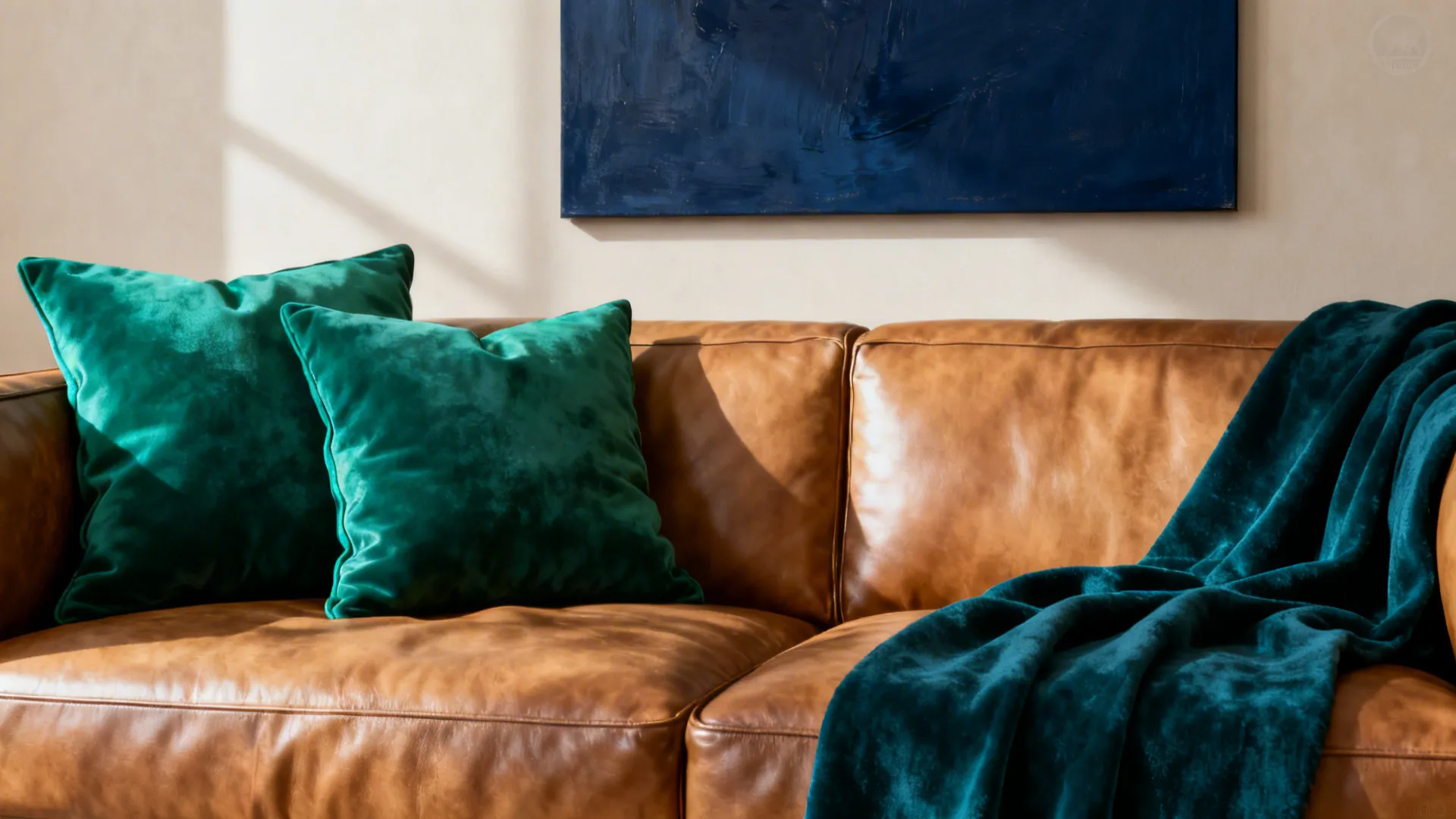 Tan sofa styled with emerald pillows and a deep teal throw against a neutral wall