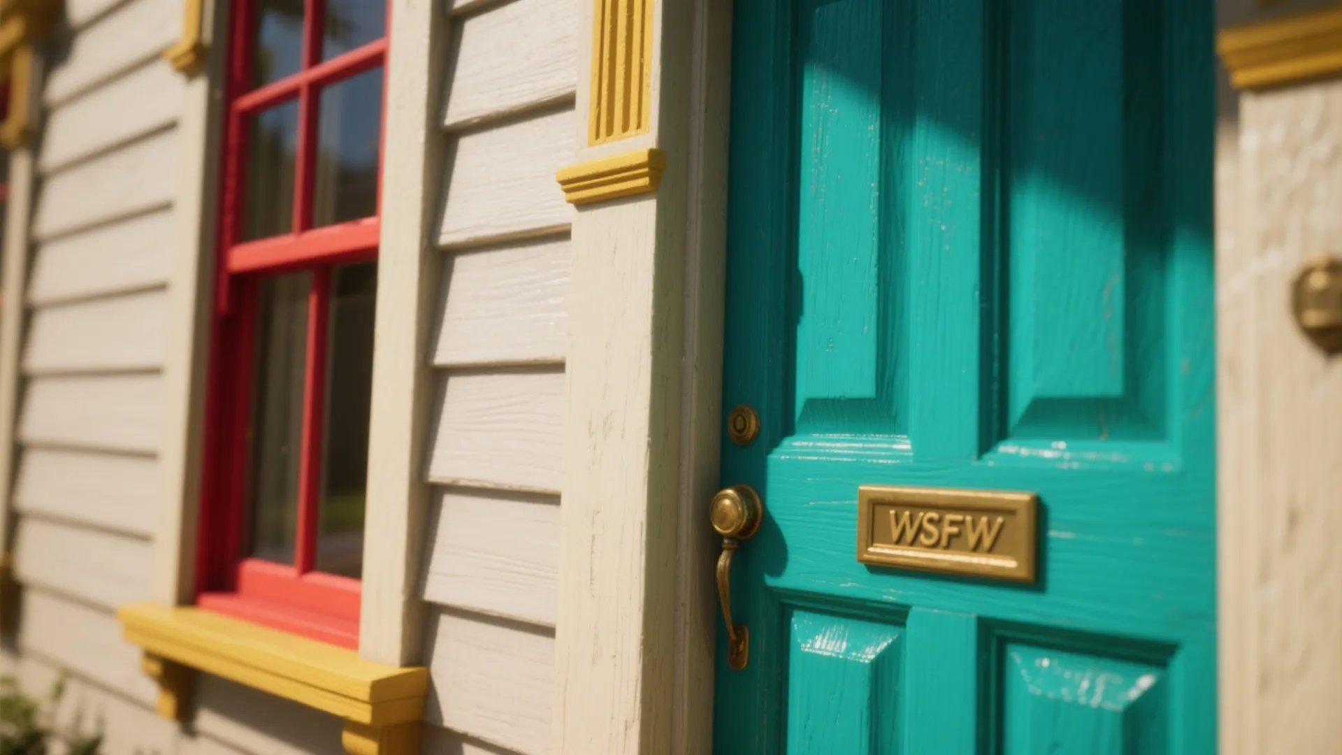 Bright blue front door with gold handle and mail slot next to a red window frame