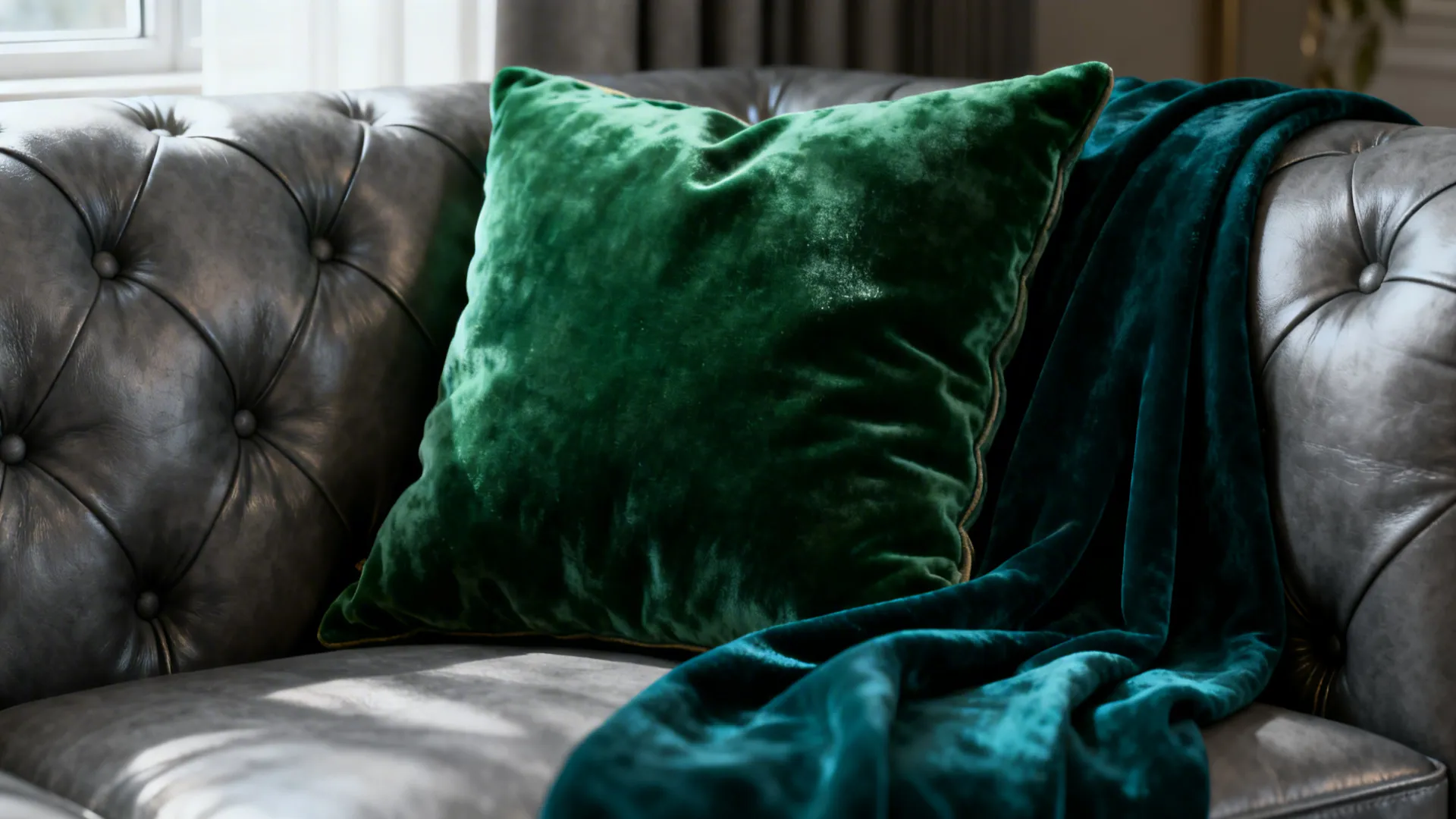 Emerald cushion and teal throw on a grey leather couch creating a luxe accent.