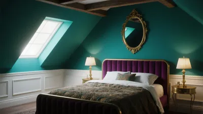 Luxury Attic Bedroom with Emerald Walls & Purple Velvet Bed