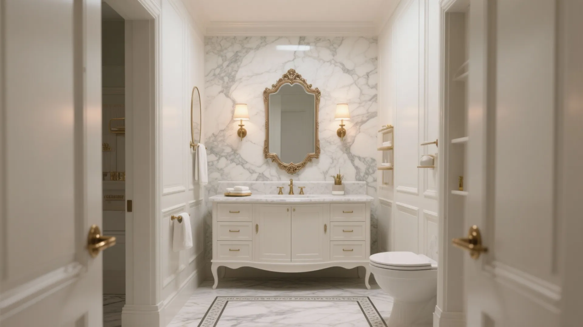 Luxury bathroom with white cabinet vanity gold mirror marble wall wall lights and white toilet