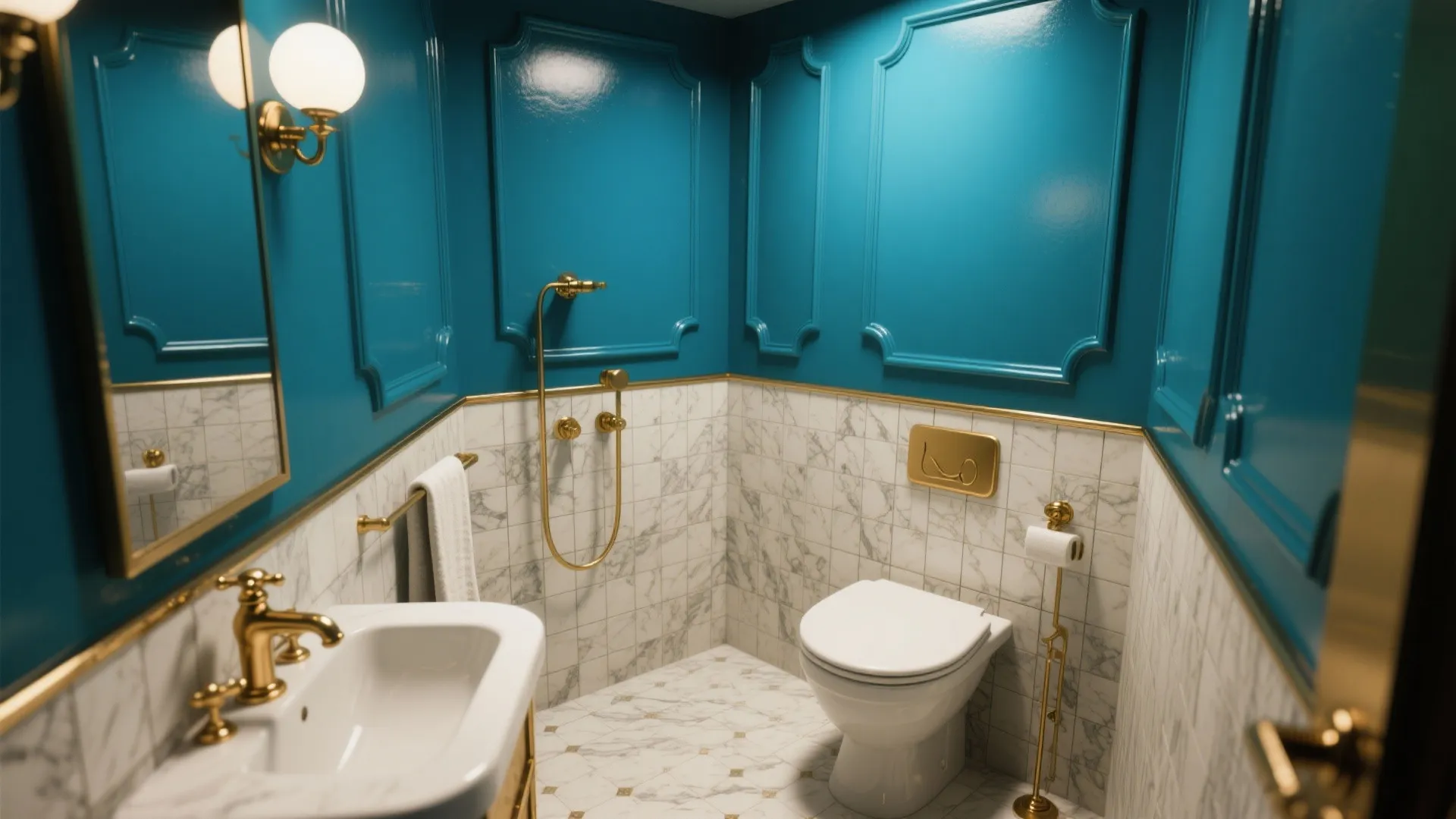Teal bathroom featuring blue wall panels marble tiles white toilet gold sink faucet and light