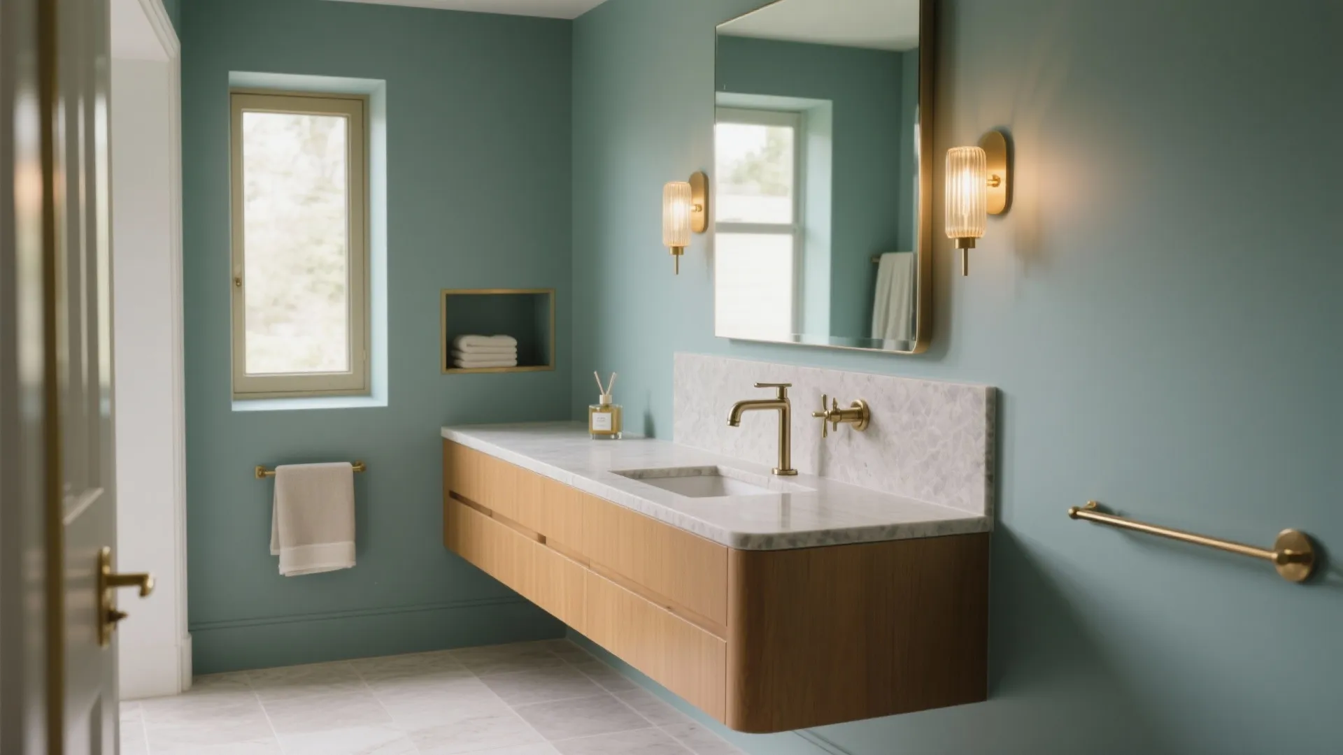 Modern bathroom with teal walls wooden floating cabinet gold faucet mirror and two wall lights