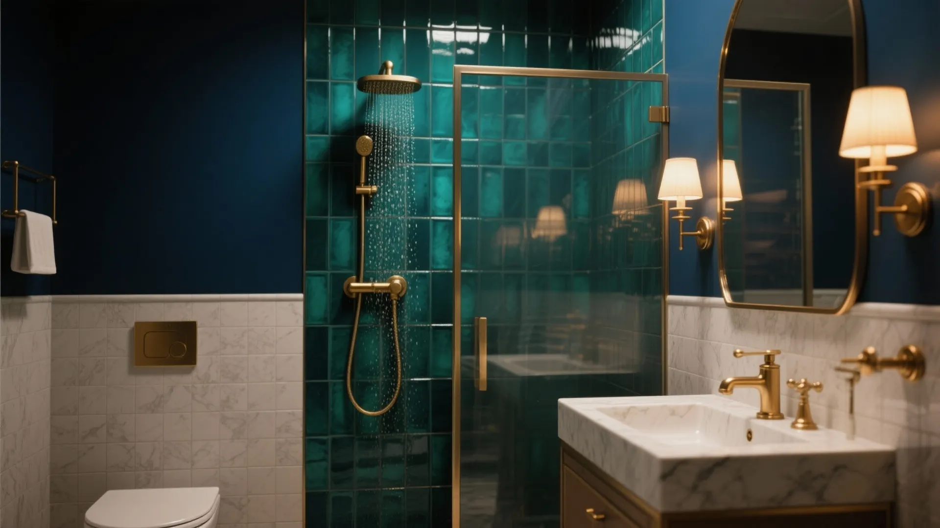 Luxury bathroom with emerald green tiles blue walls gold wall light fixtures and marble sink