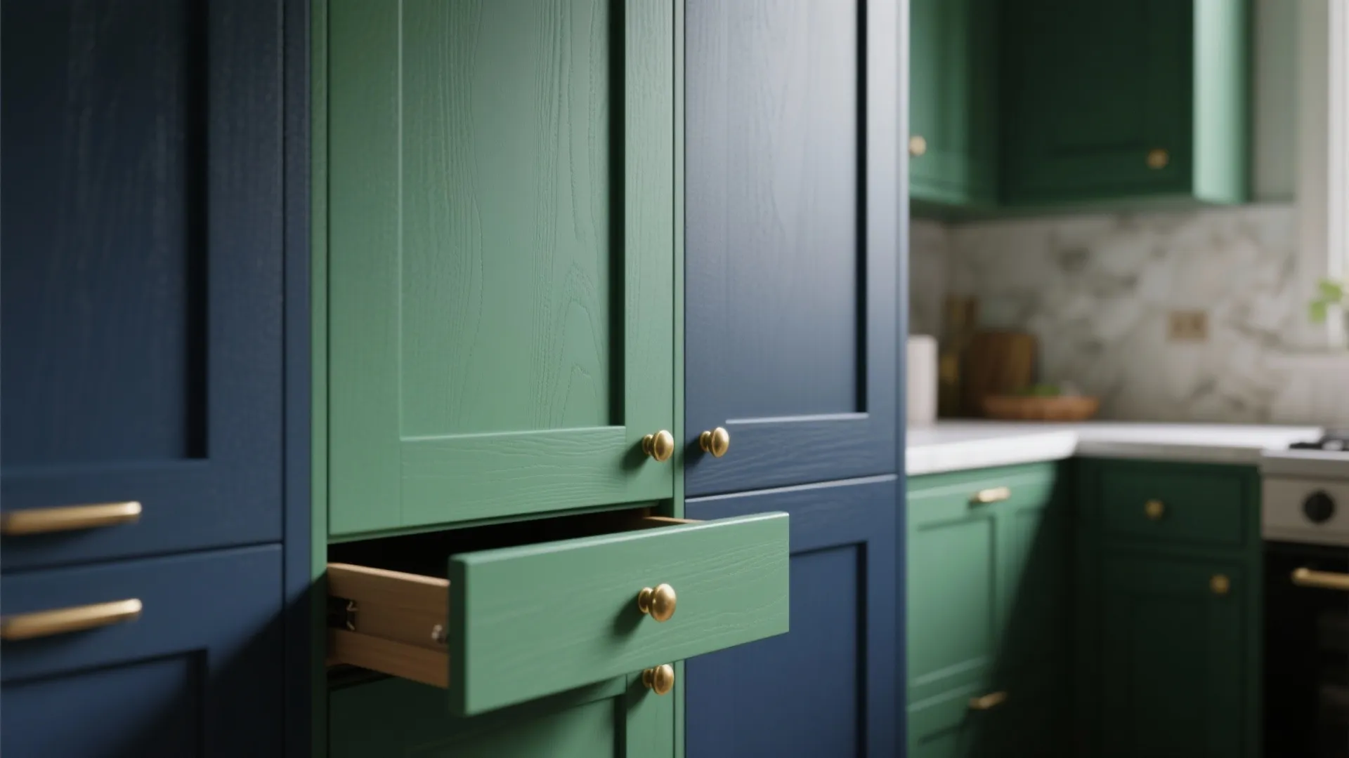 1. Jewel-Toned Cabinetry
