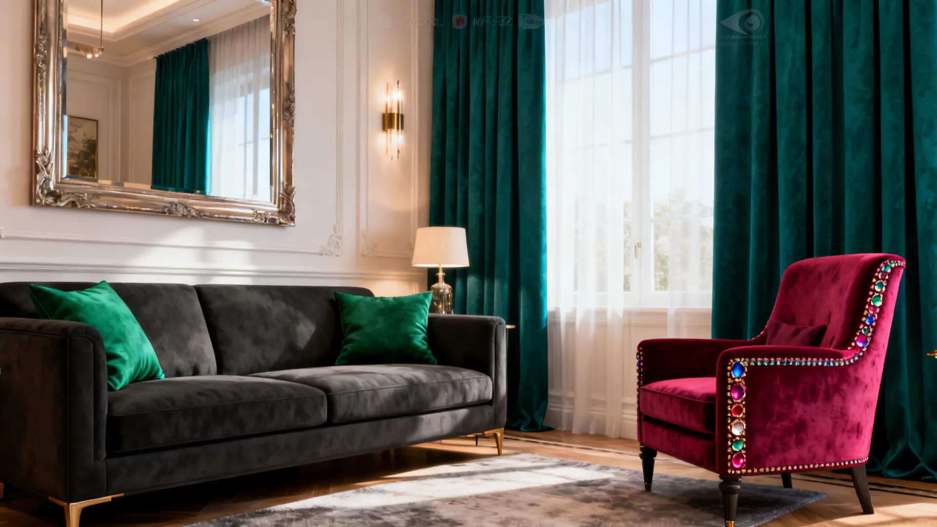Charcoal sofa highlighted with emerald cushions and deep teal curtains for bold color contrast.