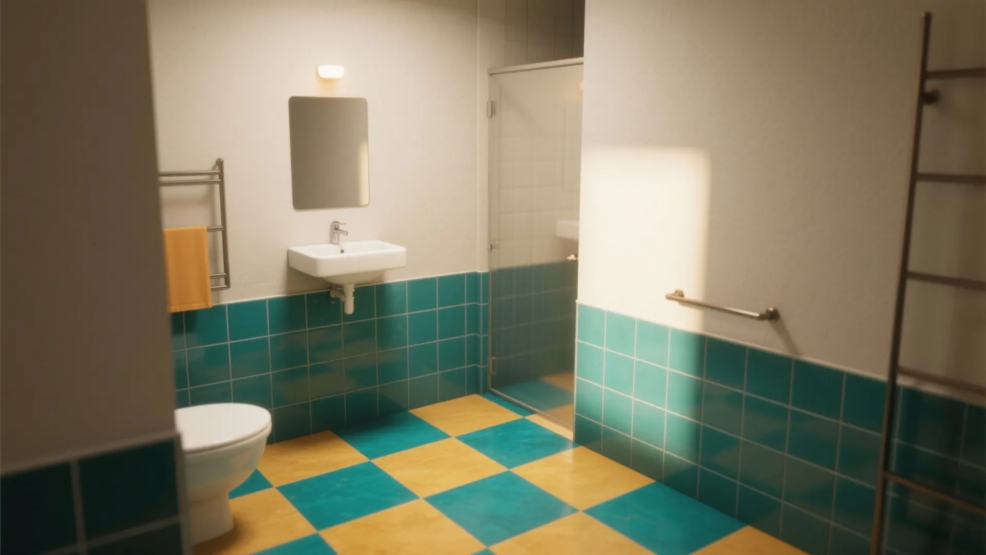 Small bathroom with teal wall tiles yellow and blue checkered floor white sink and mirror