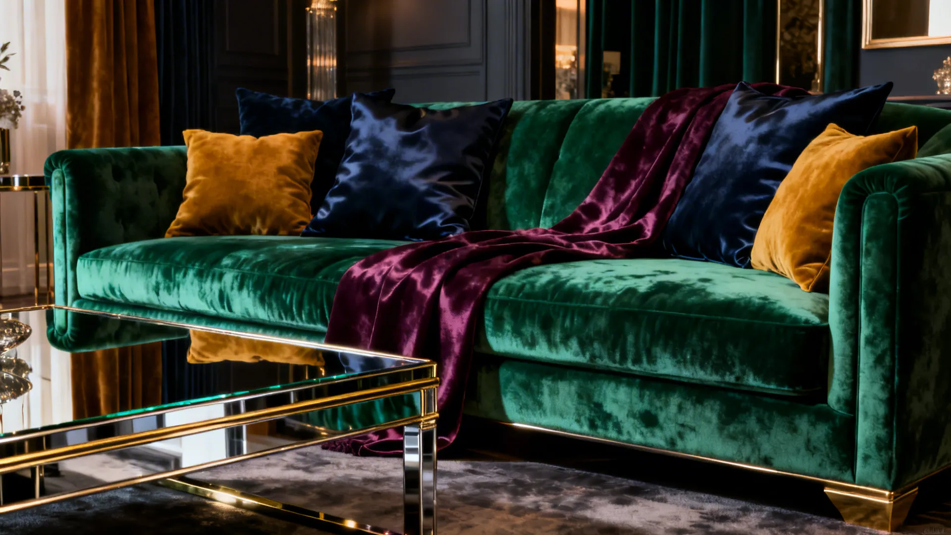 Formal living room with an emerald sofa layered with jewel-tone cushions and metallic accents.