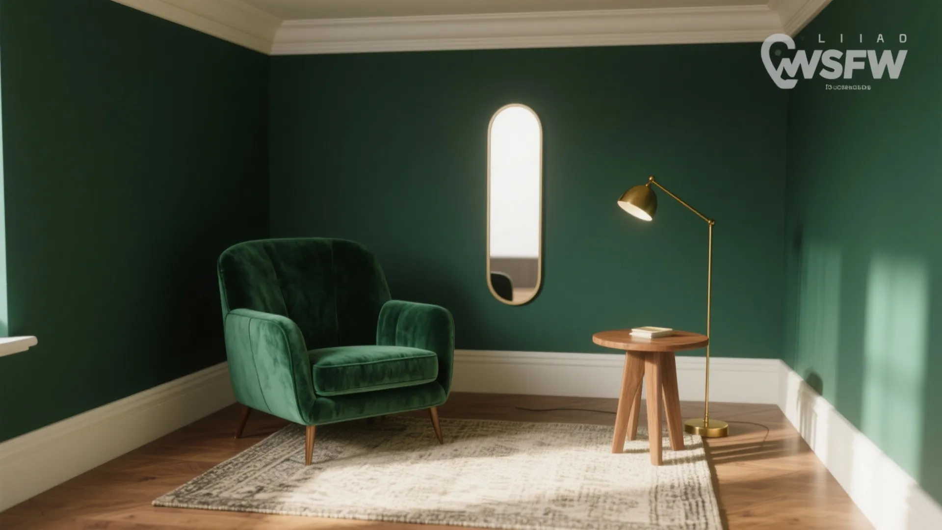 Green velvet chair in room with dark green walls wooden side table and gold floor lamp