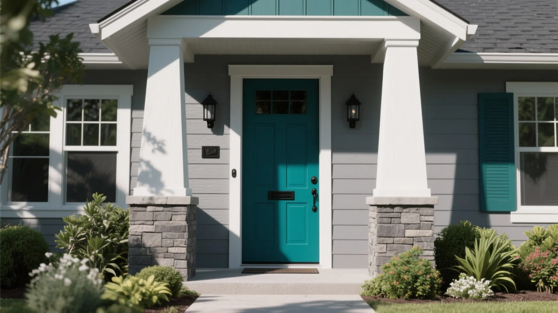 Teal front door on a grey house with white porch pillars stone and green bushes