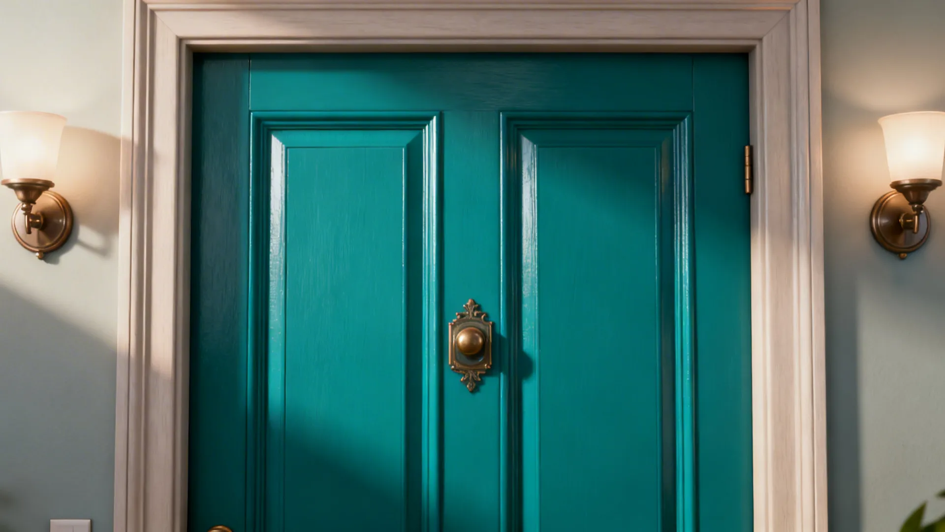 Teal jewel-toned door with light trim creating a bold focal point in a small powder room