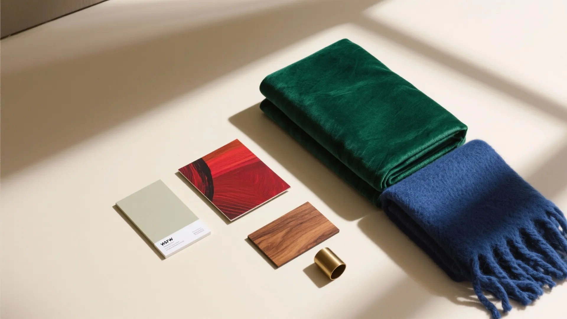 Interior design mood board with green velvet fabric, blue scarf, wood sample, and color cards