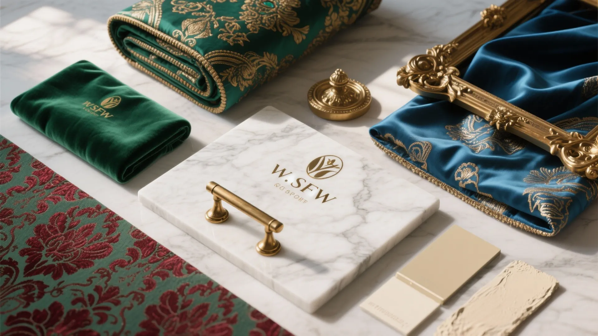 Interior design materials including green velvet fabric gold handle marble tile and blue patterned silk cloth