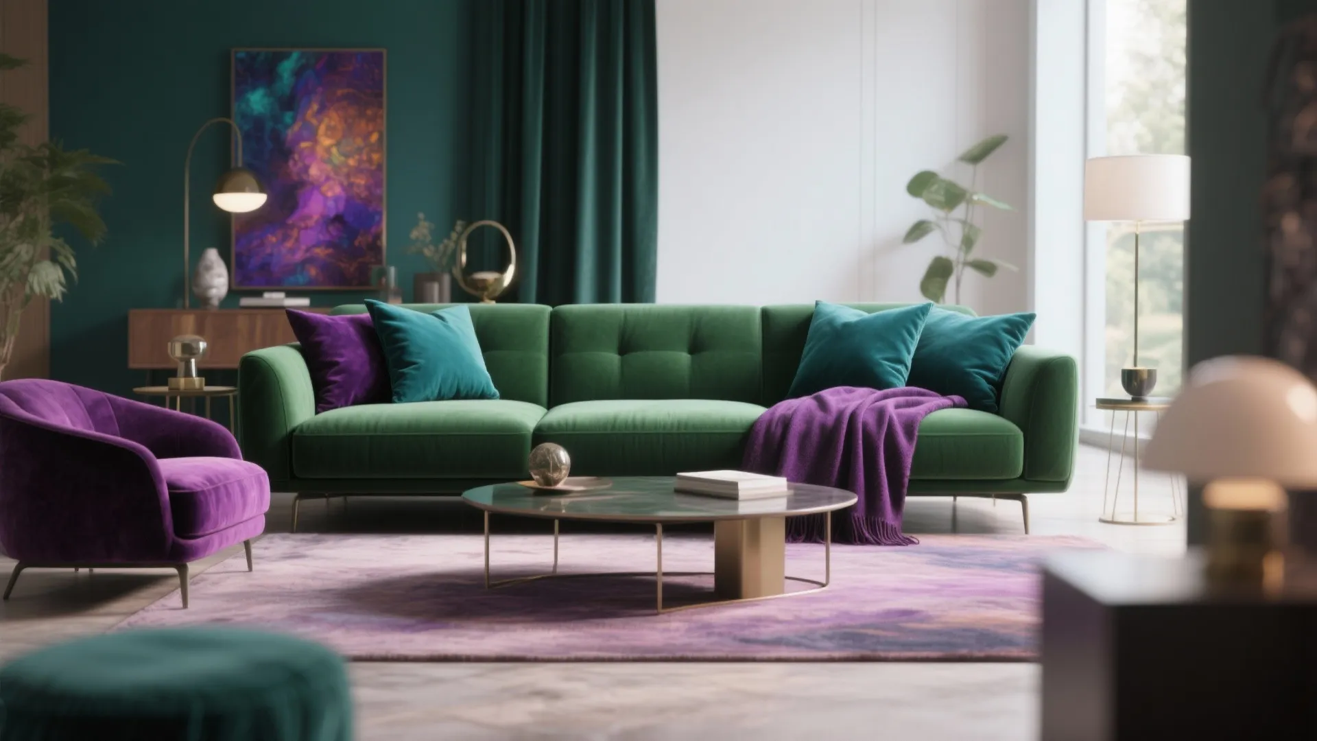 Green sofa with teal and plum accents in bright modern room