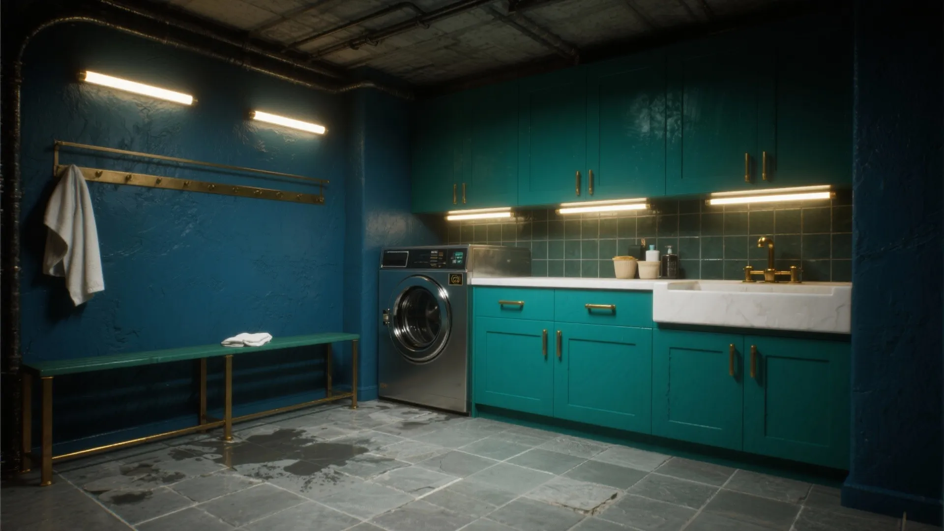 Industrial laundry room with teal cabinets white sink wall light fixtures and a metal bench