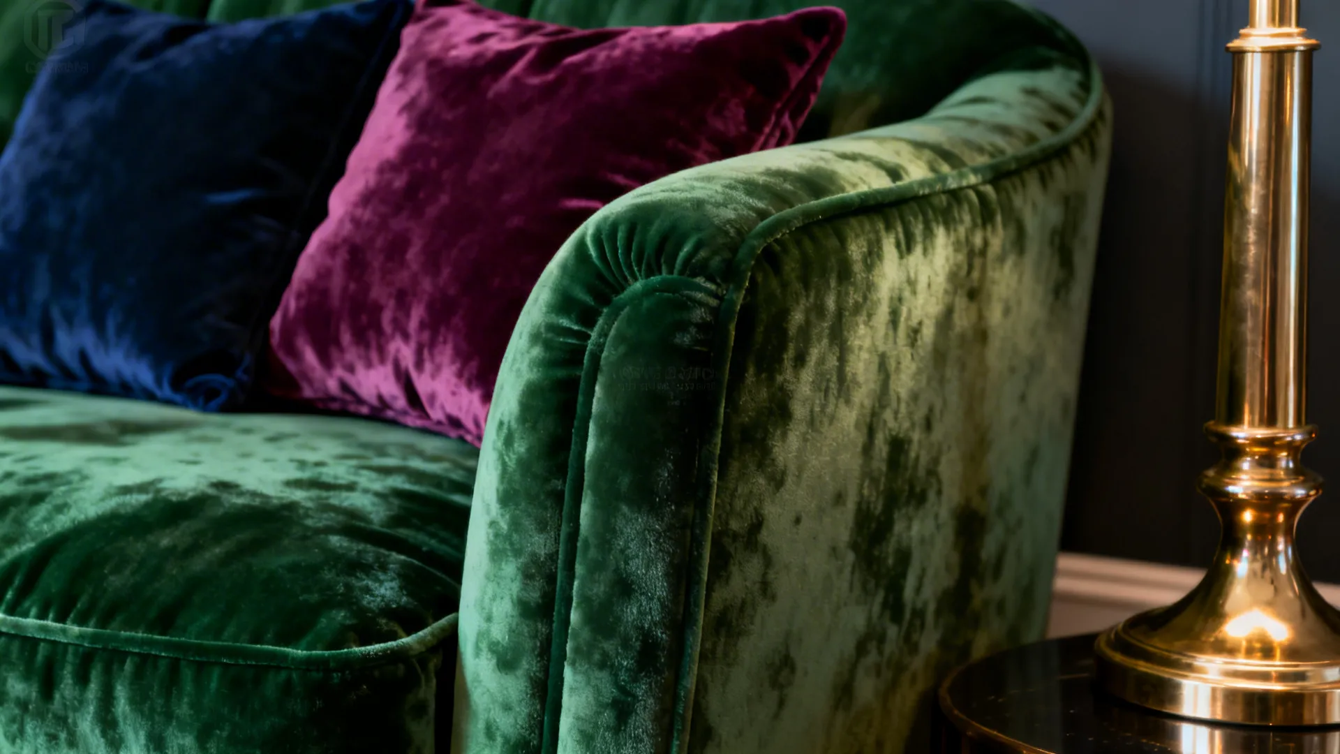 Close-up of a green velvet sofa with deep navy and plum cushions and brass lighting accents.