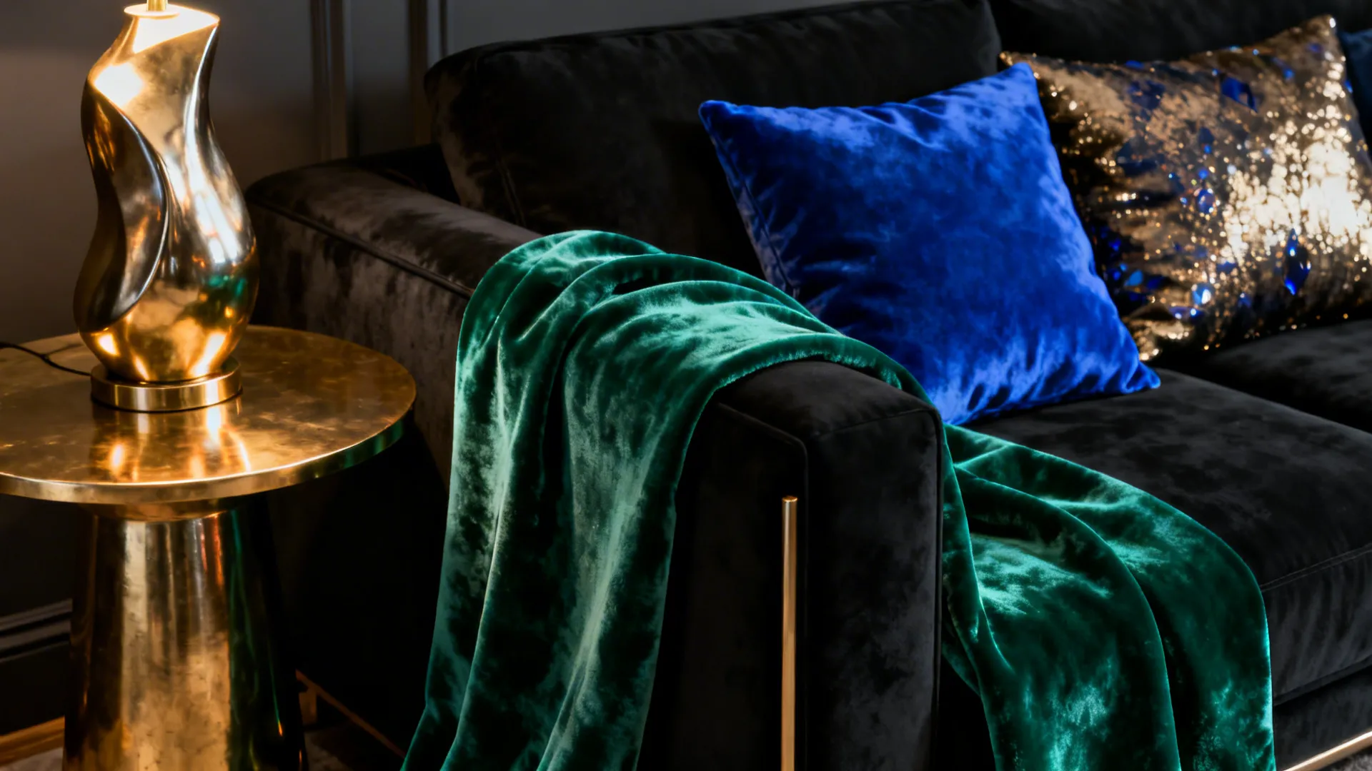 Close-up of emerald throw, sapphire cushion and brass side table next to a black sofa.