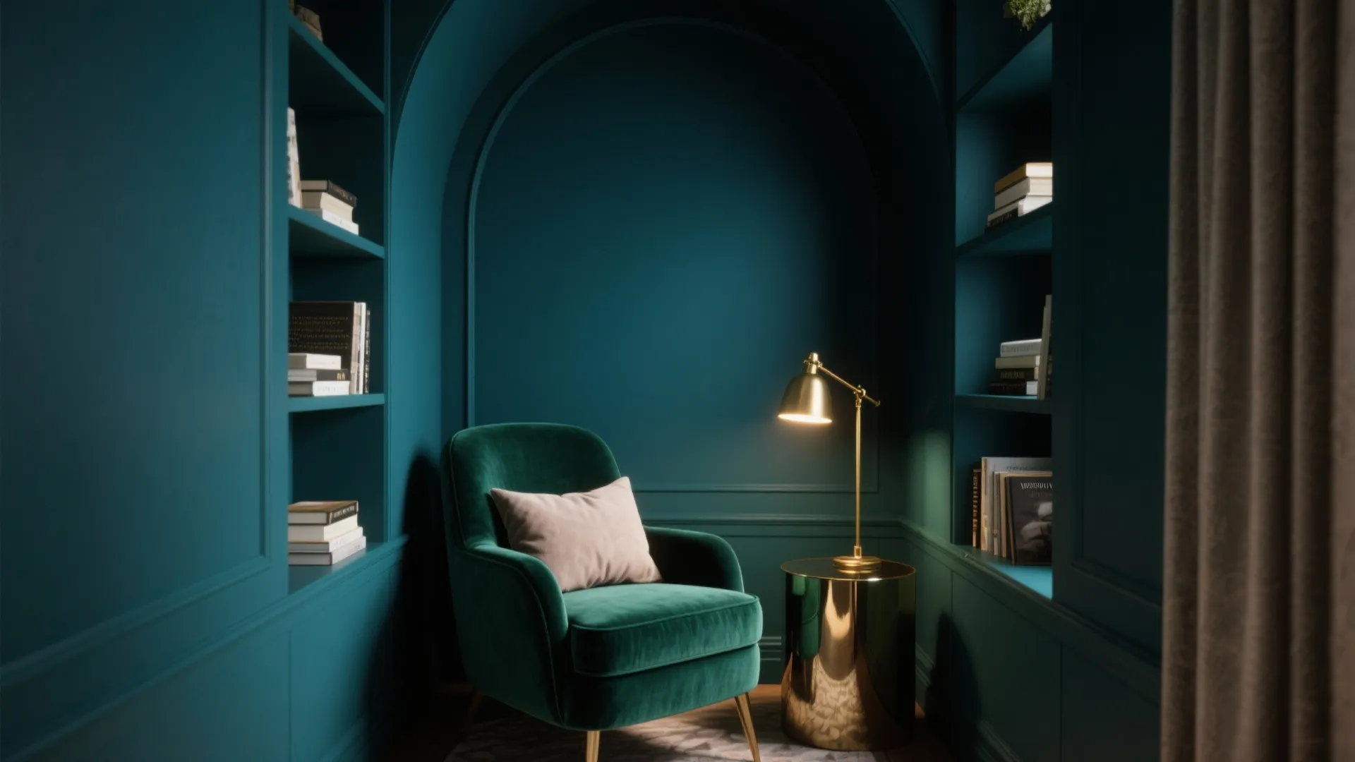 Elegant teal reading nook with green velvet armchair and gold side table plus desk lamp