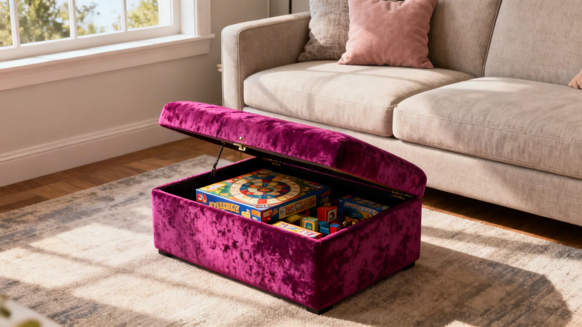 Jewel-toned ottoman adding color while providing hidden storage in a small living room.