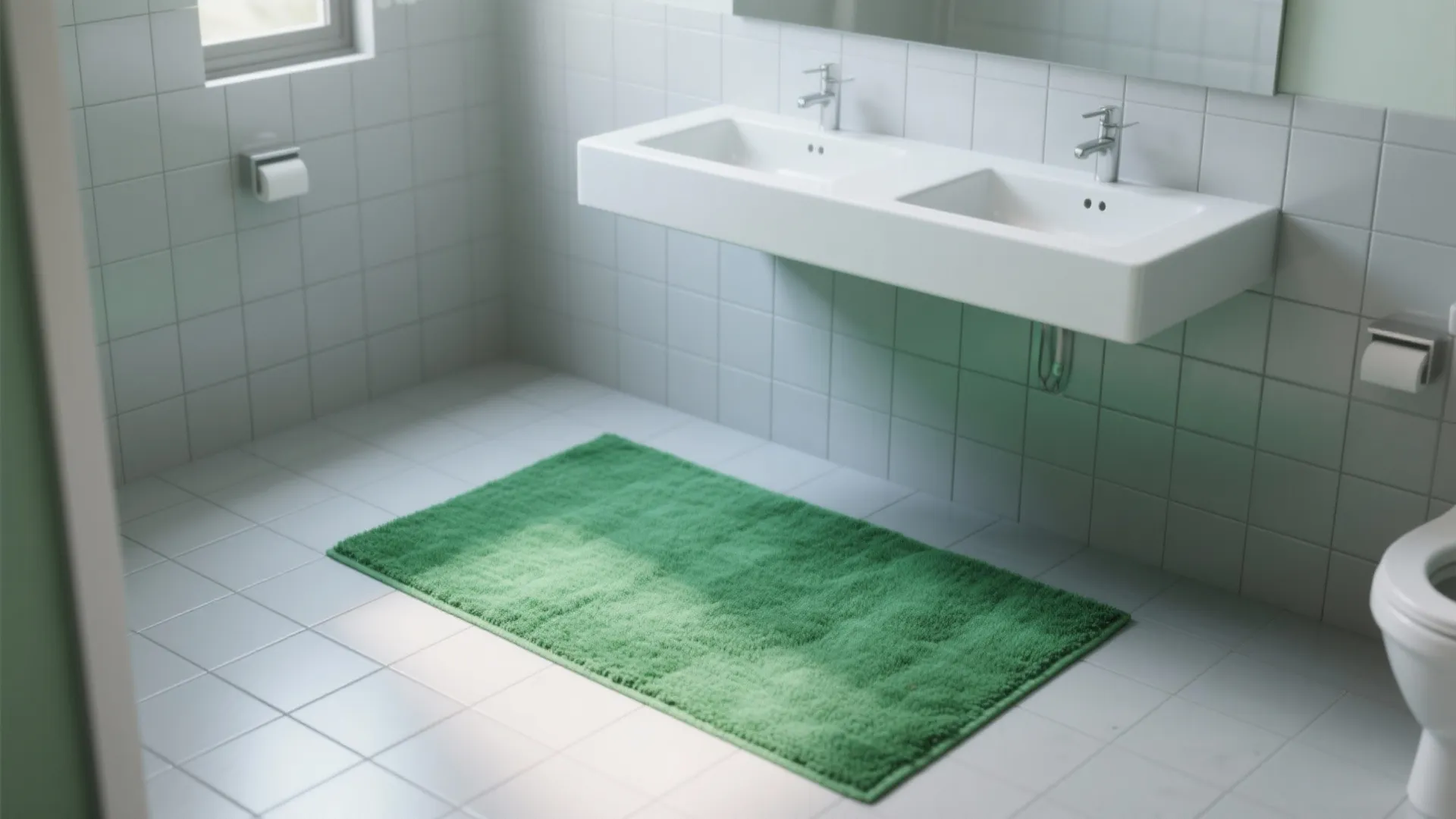 Modern white bathroom with double sink and green rug on floor next to a toilet
