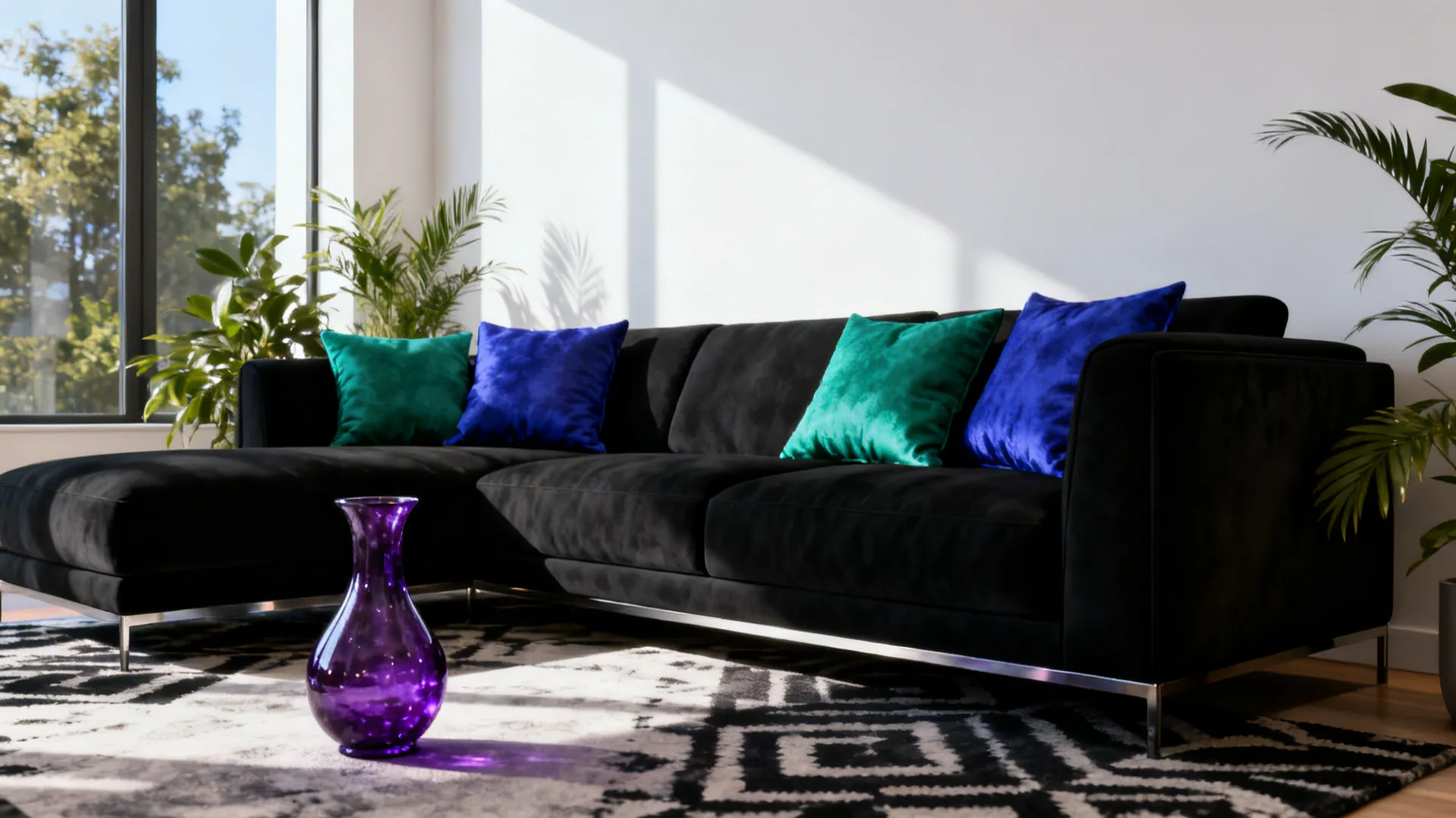 Black sofa with sapphire and emerald cushions and a decorative amethyst accent.