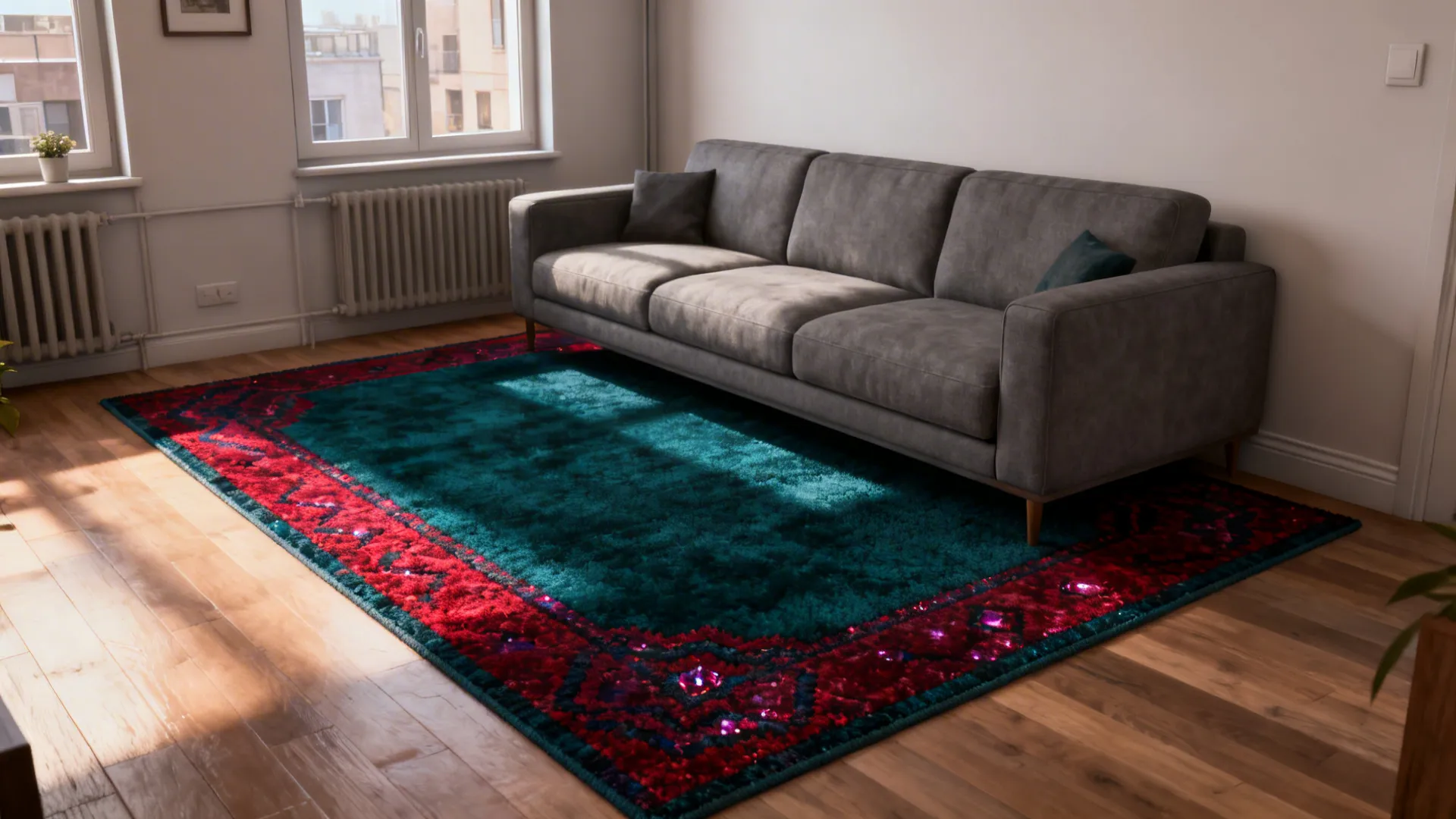 Grey sofa on a teal and red patterned rug in room with light wood flooring