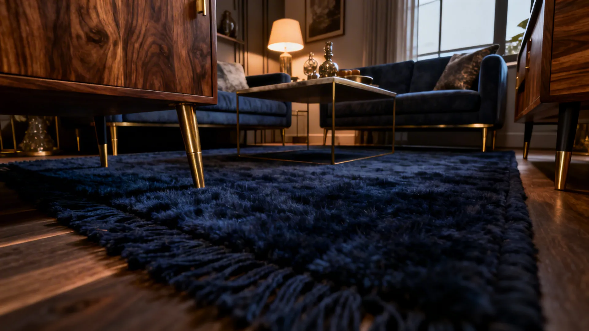 Compact living area featuring a deep navy wool rug, brass accents, and warm lighting